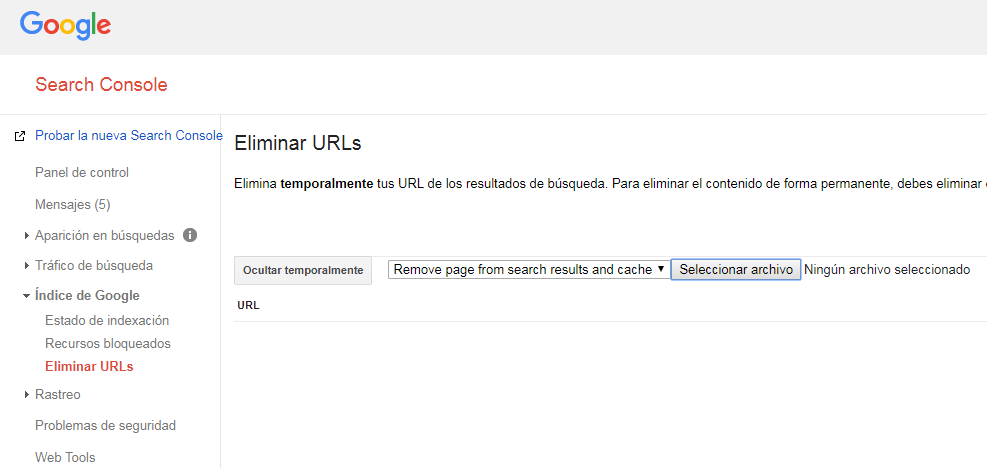 Desindexar URLs con Search Console